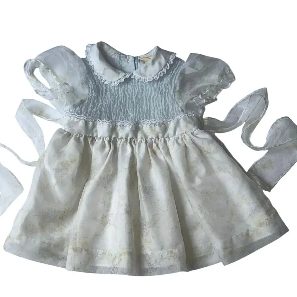 Vintage New York Kids Size 4 Pastel Floral Puff Sleeve Dress USA Made
